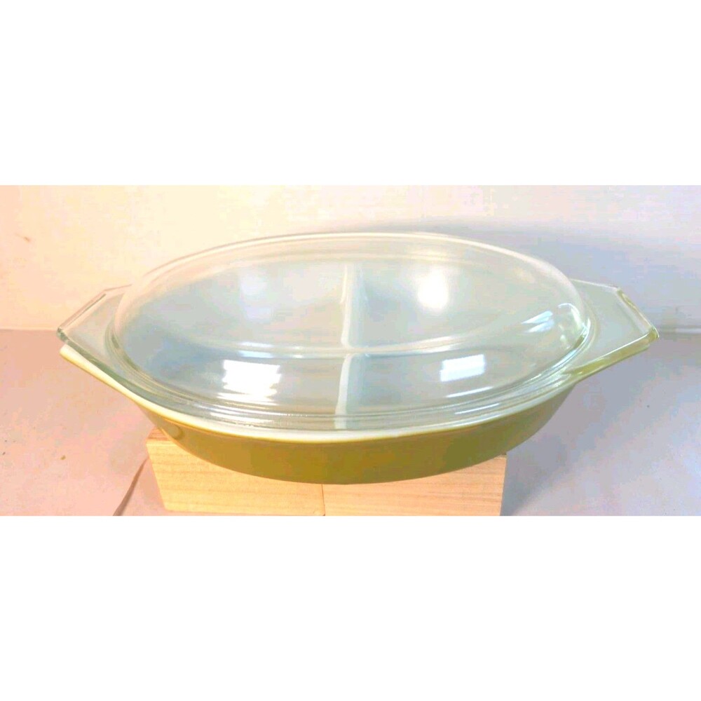 Vintage Pyrex 1 Quart Divided Casserole Dish Olive Green With Lid Excellent Cond